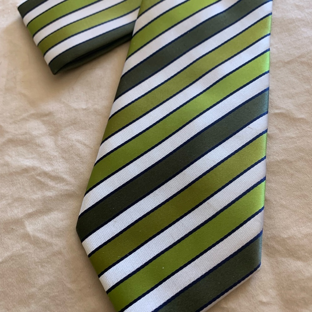 BERLIONI Green Striped Men's Tie With Pocket Hanky Handmade